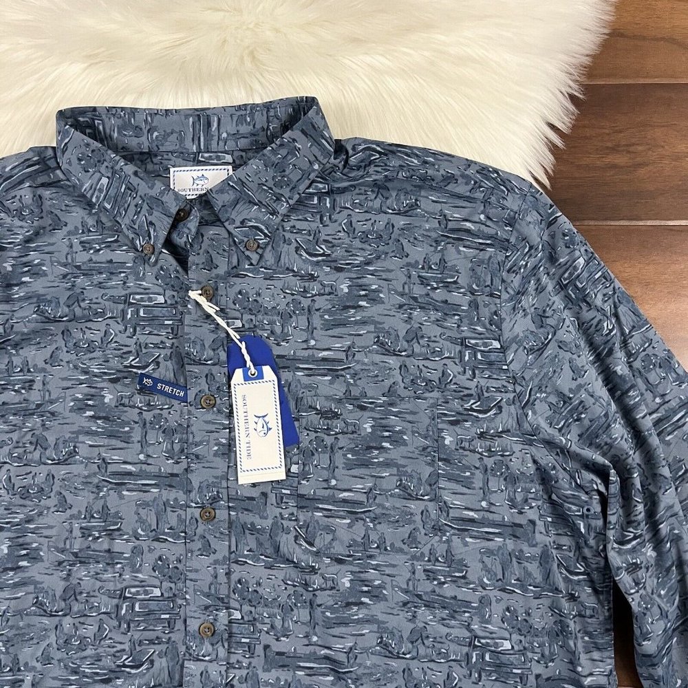 Southern Tide Blue Patterned Casual Button Down S… - image 2